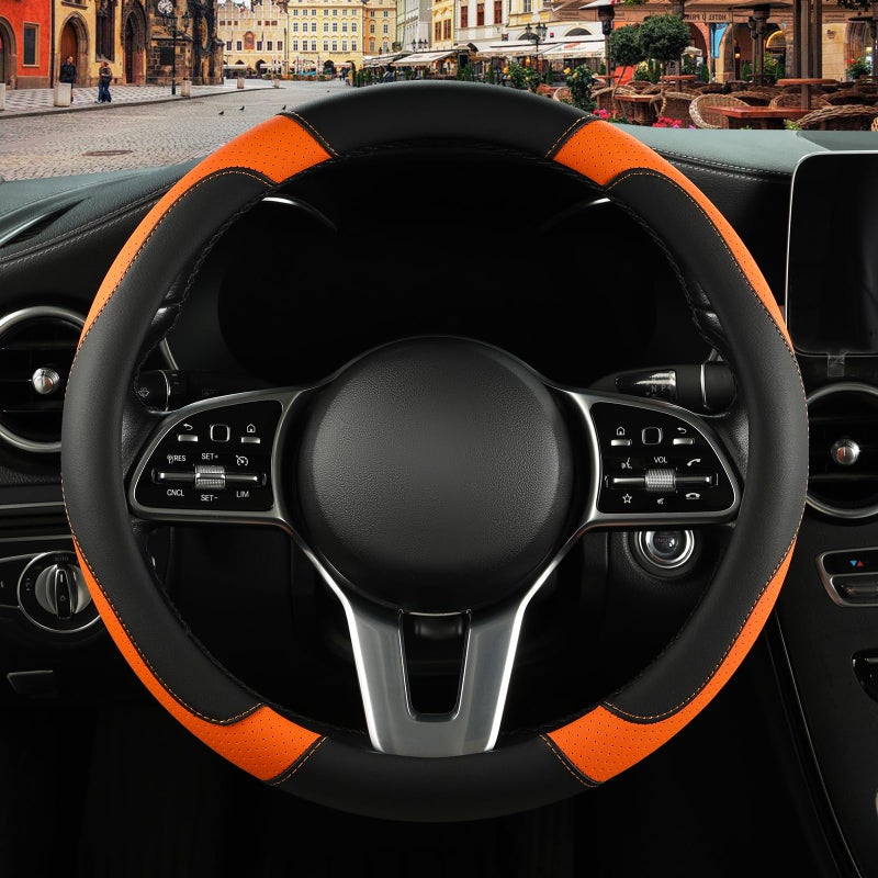 Binsheo Leather Steering Wheel Cover, Breathable, Anti Slip & Odor Free, Black and Orange - Image 2
